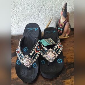 Montana West Bling Flip Flops Wedge Design With Cute Embroidery NEW Various Szs